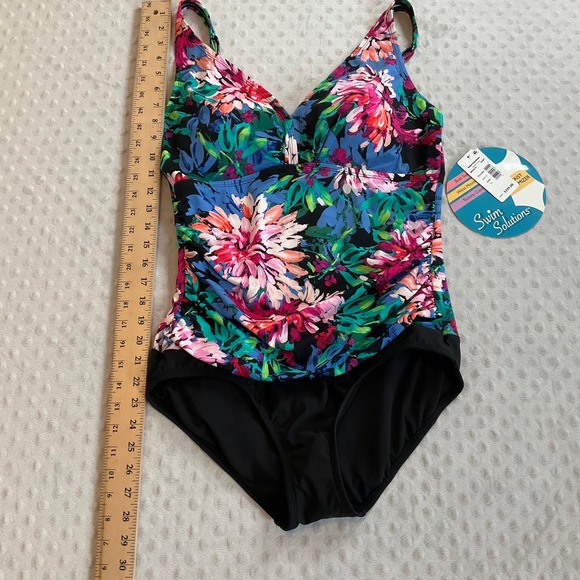 NWT Swim Solutions Black Floral Waist Minimizing‎ One Piece Swimsuit Size 16 - Picture 5 of 7